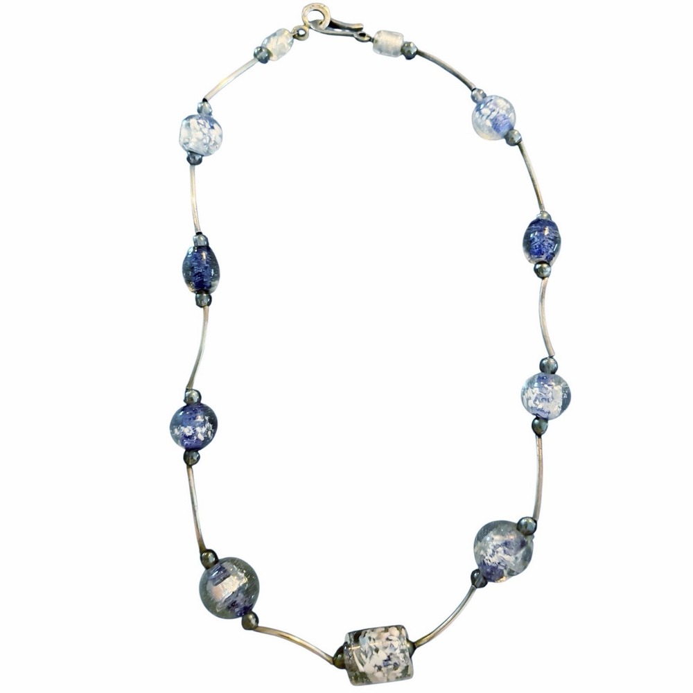 Vintage Murano Art Glass Lampwork Blue Swirl Bead Sterling Clasp & Bead Necklace